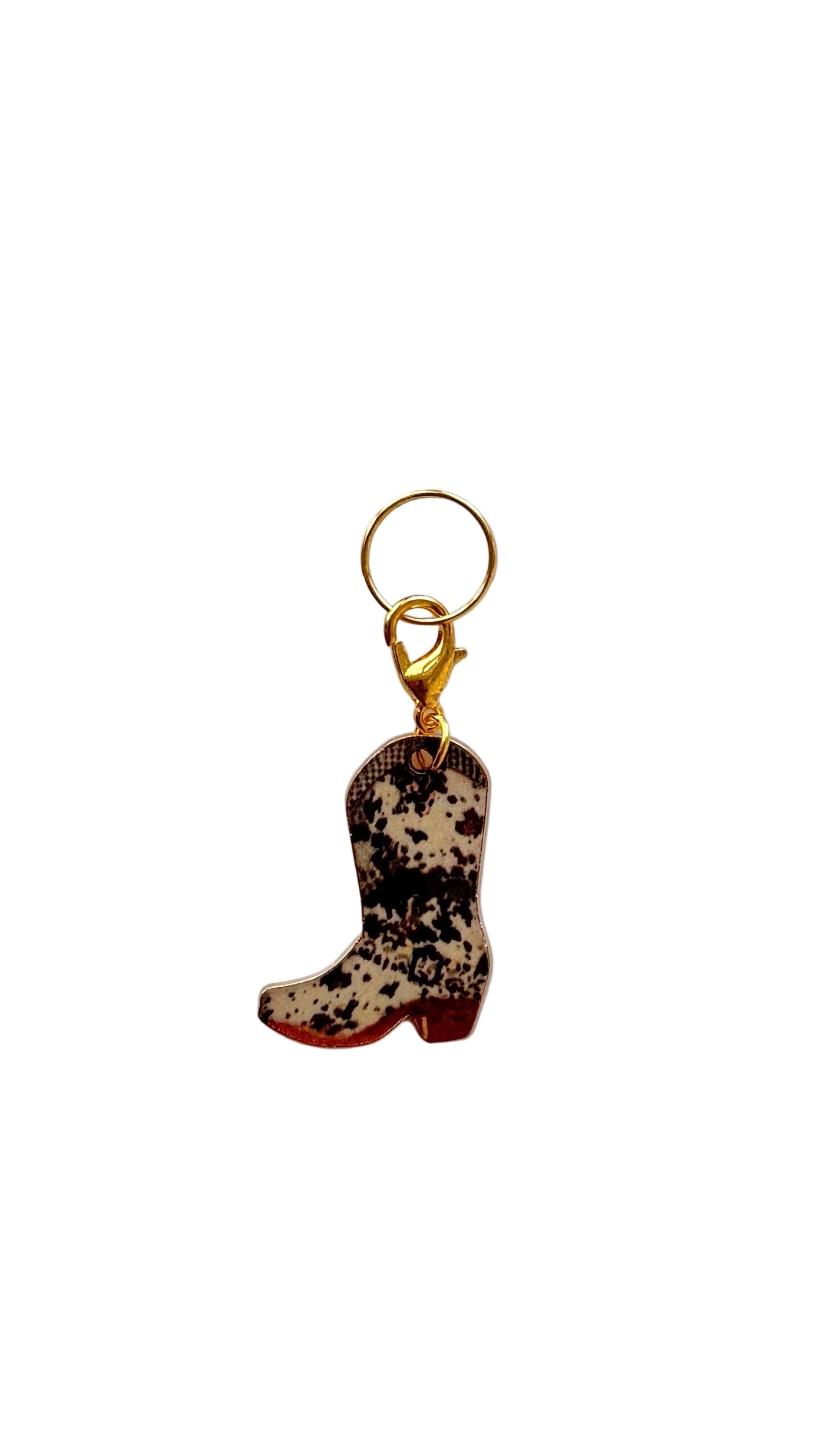 Cowboy boot charm with gold ring on a white background