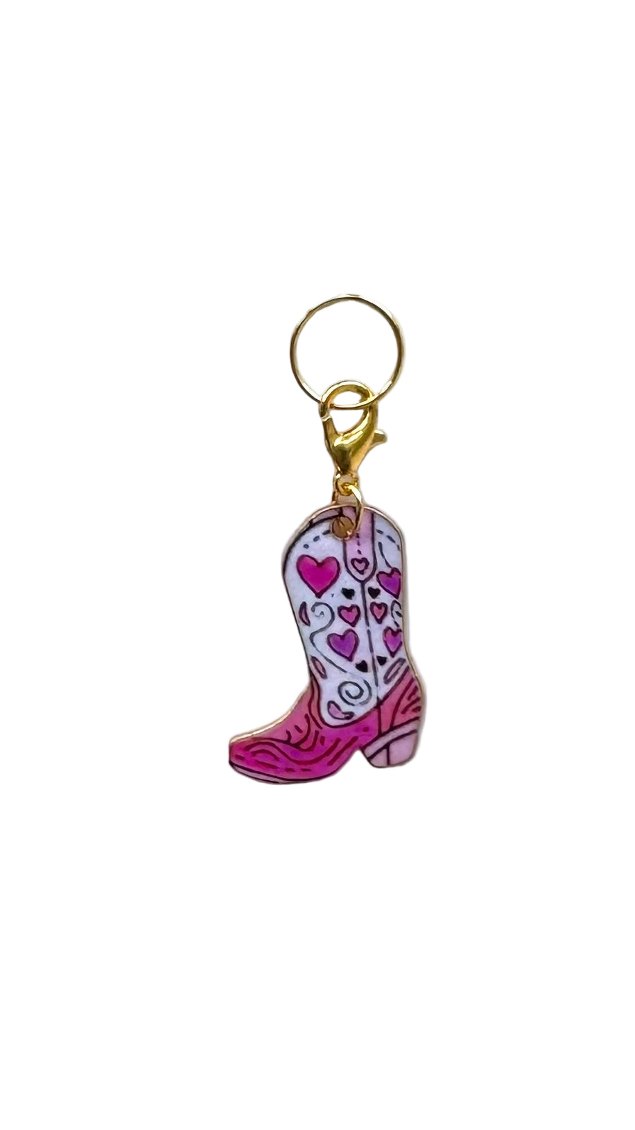 Pink cowboy boot charm with gold clasp on a white background