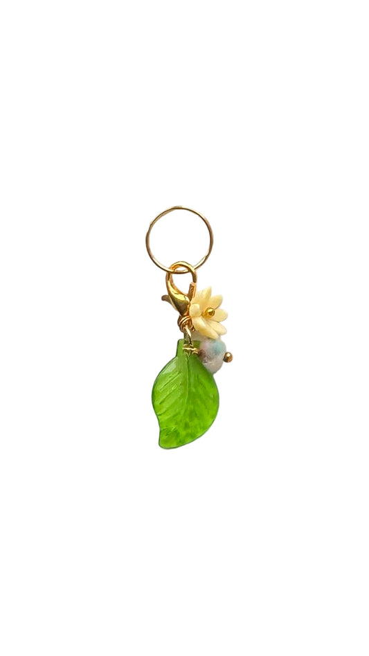 Green leaf with yellow flower and small stone
