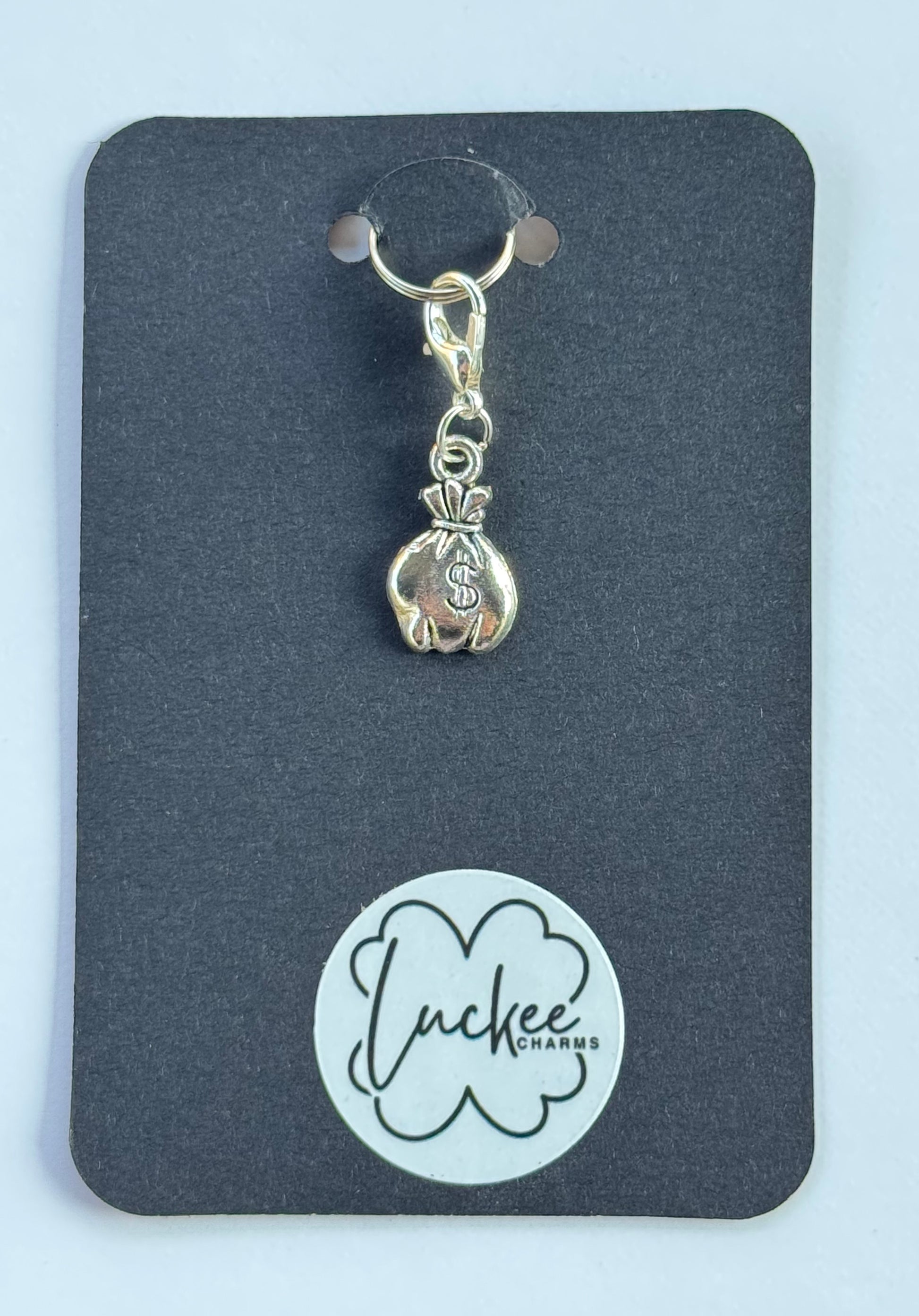 Silver money bag charm on a black card with 'Luckee Charms' branding.